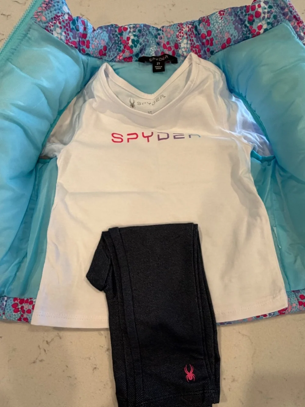 2T Spyder Girls Set - Jean-Leggings, White Logo Tee & Floral Vest